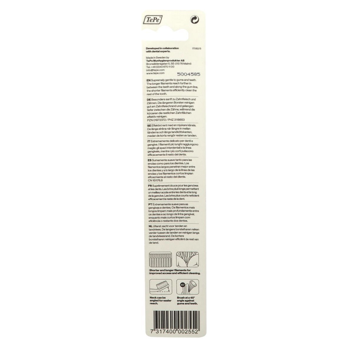 Rückseite der Blisterverpackung der TePe Supreme™ Zahnbürste. Text in mehreren Sprachen. Barcode und Herstellerinformationen.