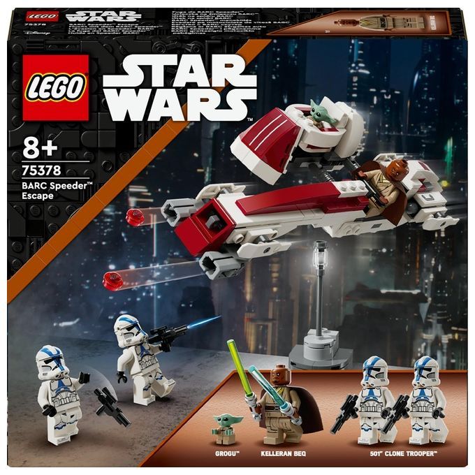 Set LEGO Star Wars Fuga dallo Speeder BARC™. Include lo Speeder, le minifigure di Grogu, Kelleran Beq e i soldati clone 501st. La confezione mostra lo Speeder in azione contro uno sfondo urbano. Adatto a bambini dagli 8 anni in su.