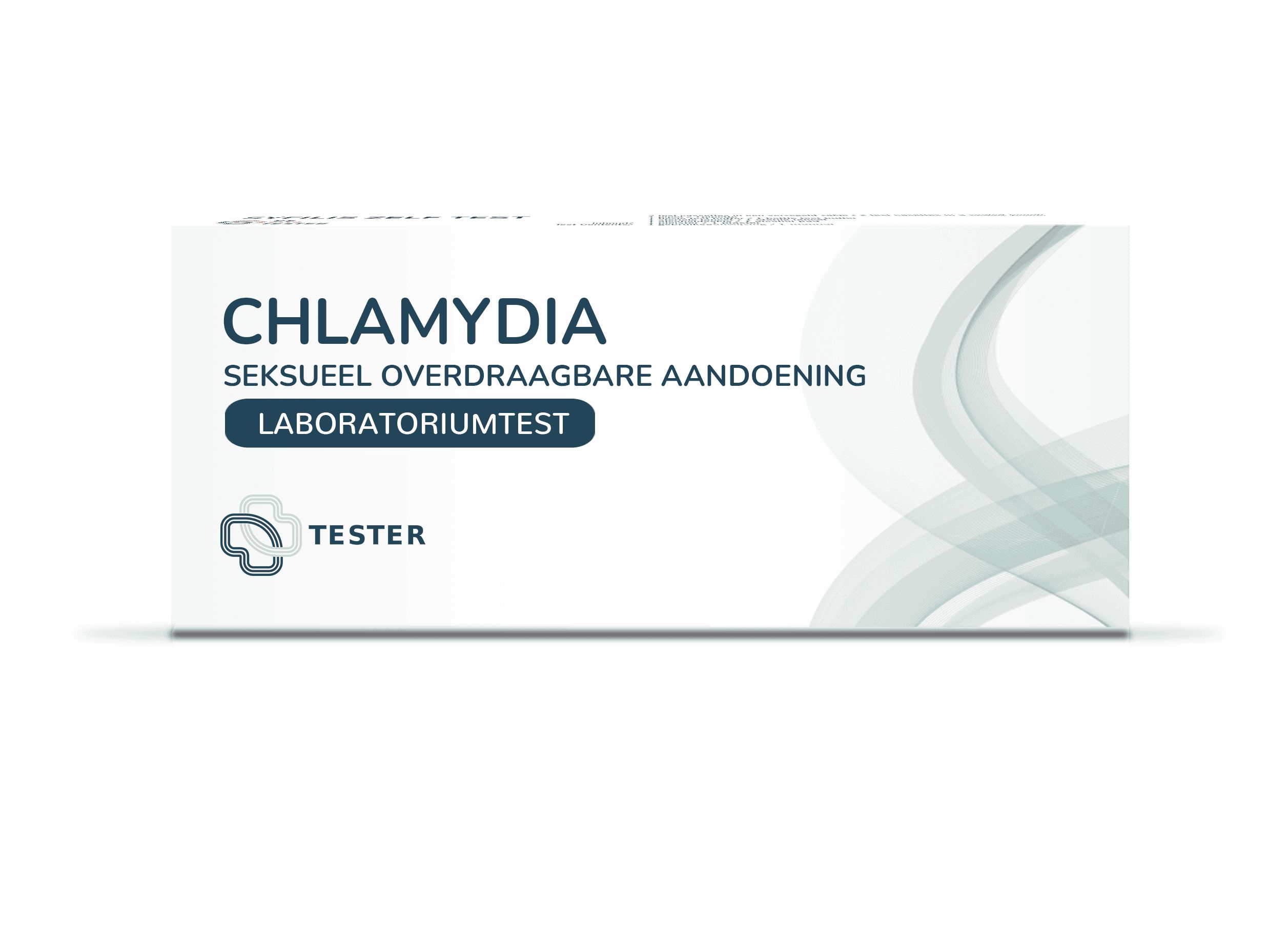 Verpackung eines Chlamydien-Labortests für zu Hause. "Tester" Logo und "Laboratoriumstest" sind aufgedruckt.