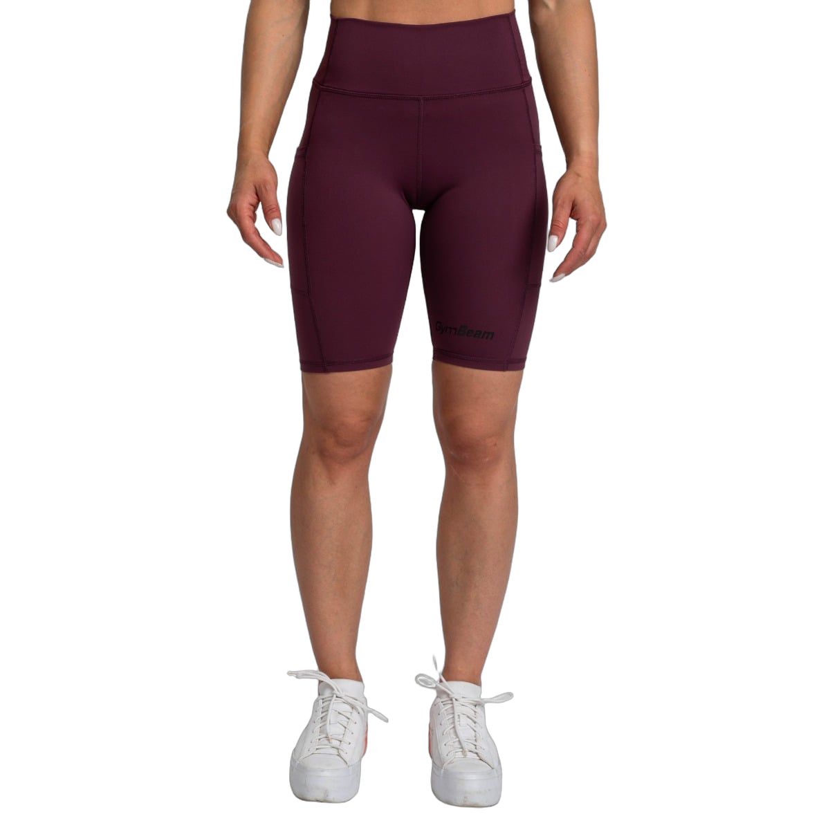 Damen Biker Shorts in Dunkelrot mit hoher Taille und Taschen, Seitenansicht.
