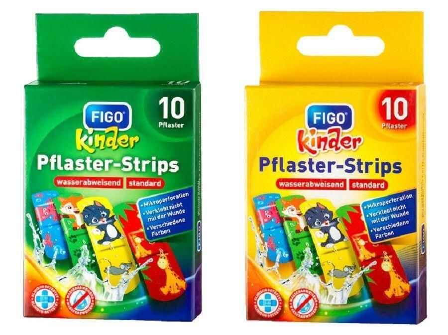 Zwei Packungen FIGO Kinder Pflaster-Strips. Grün und gelb. Jede Packung enthält 10 Pflaster. Verpackung mit Illustrationen und Produktinformationen.