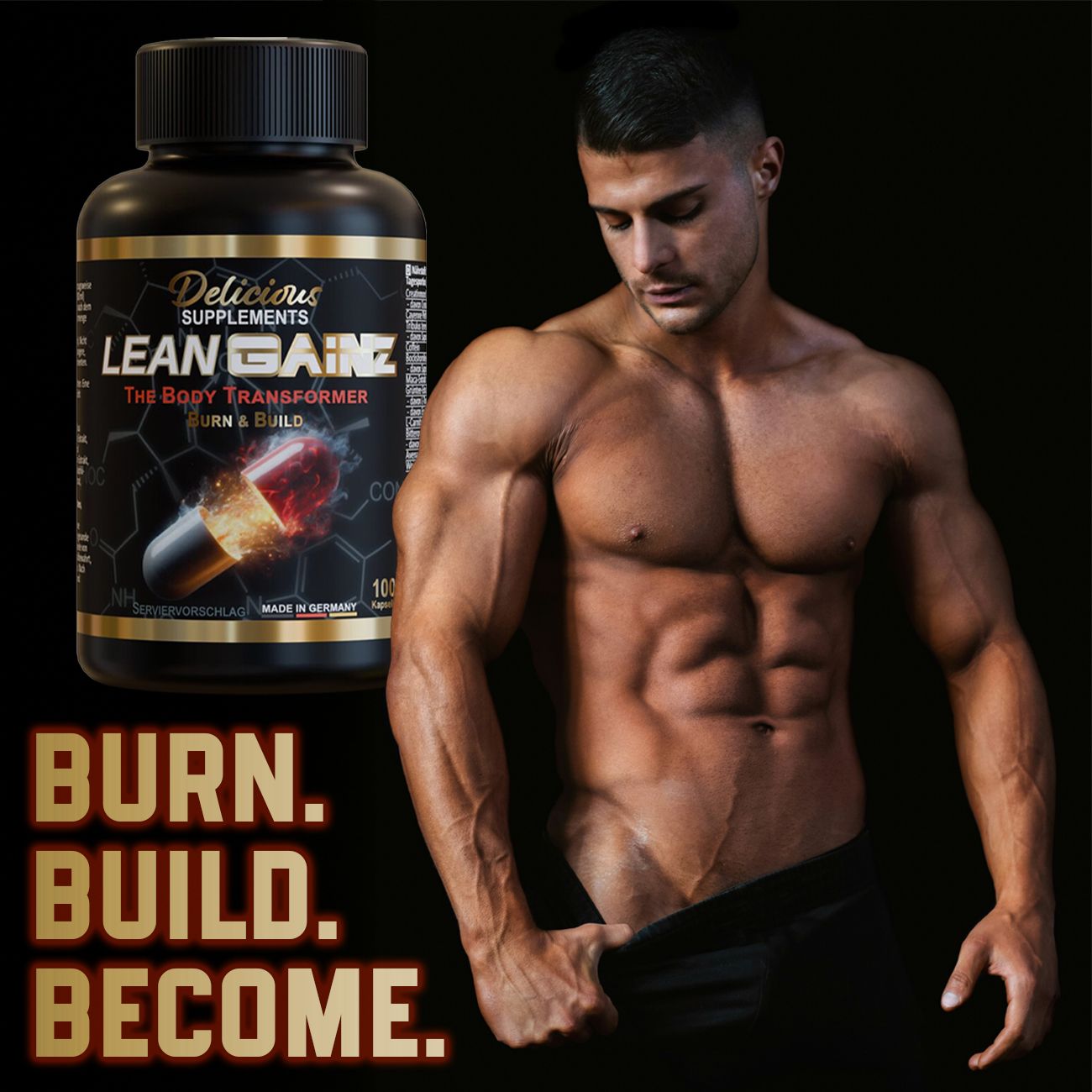 Muskulöser Mann neben schwarzer Flasche. Aufschrift: Lean Gainz, The Body Transformer, Burn & Build. Text: Burn. Build. Become.