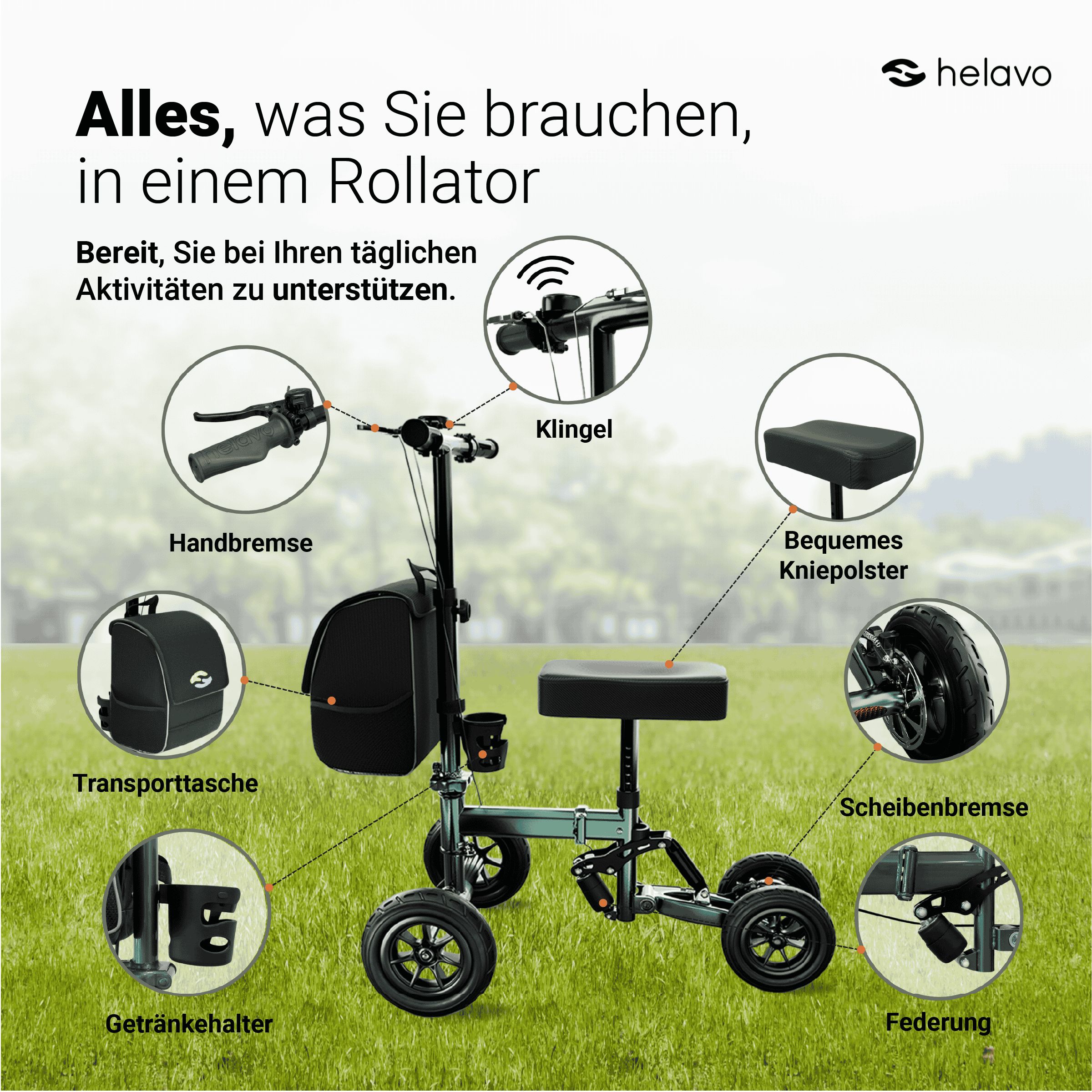 Helavo Knierollator faltbar orthopaedischer Knie Roller Gehhilfe mit Scheibenbremse