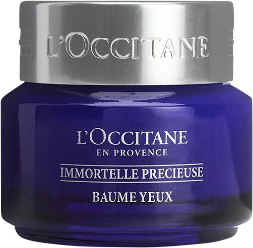 Blaues Tiegel mit silbernem Deckel. L'Occitane Immortelle Précieuse Baume Yeux.