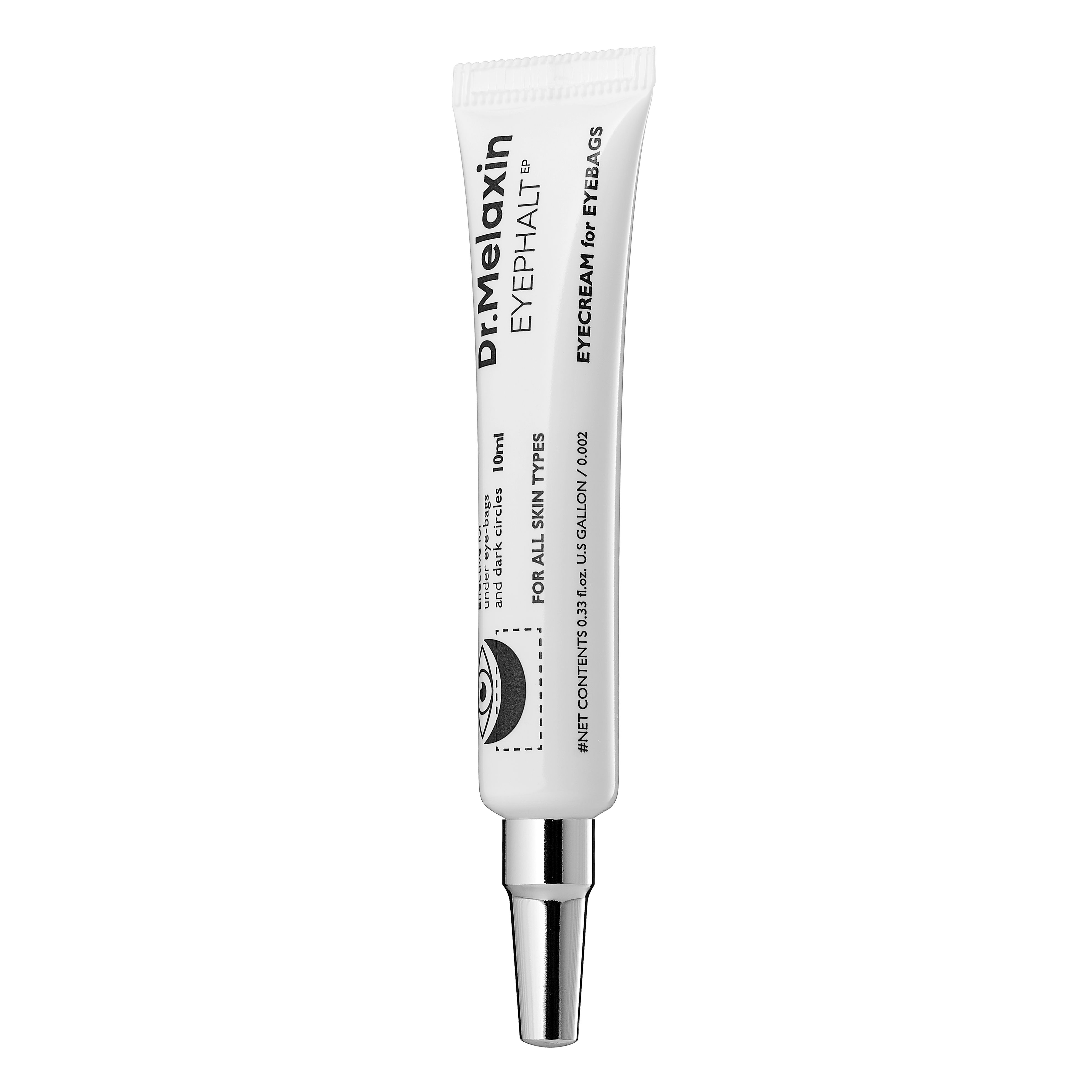 Weiße Tube mit silberner Spitze. Aufschrift: Dr.Melaxin EYEPHALT EYE CREAM for EYEBAGS. 10ml. Für alle Hauttypen.