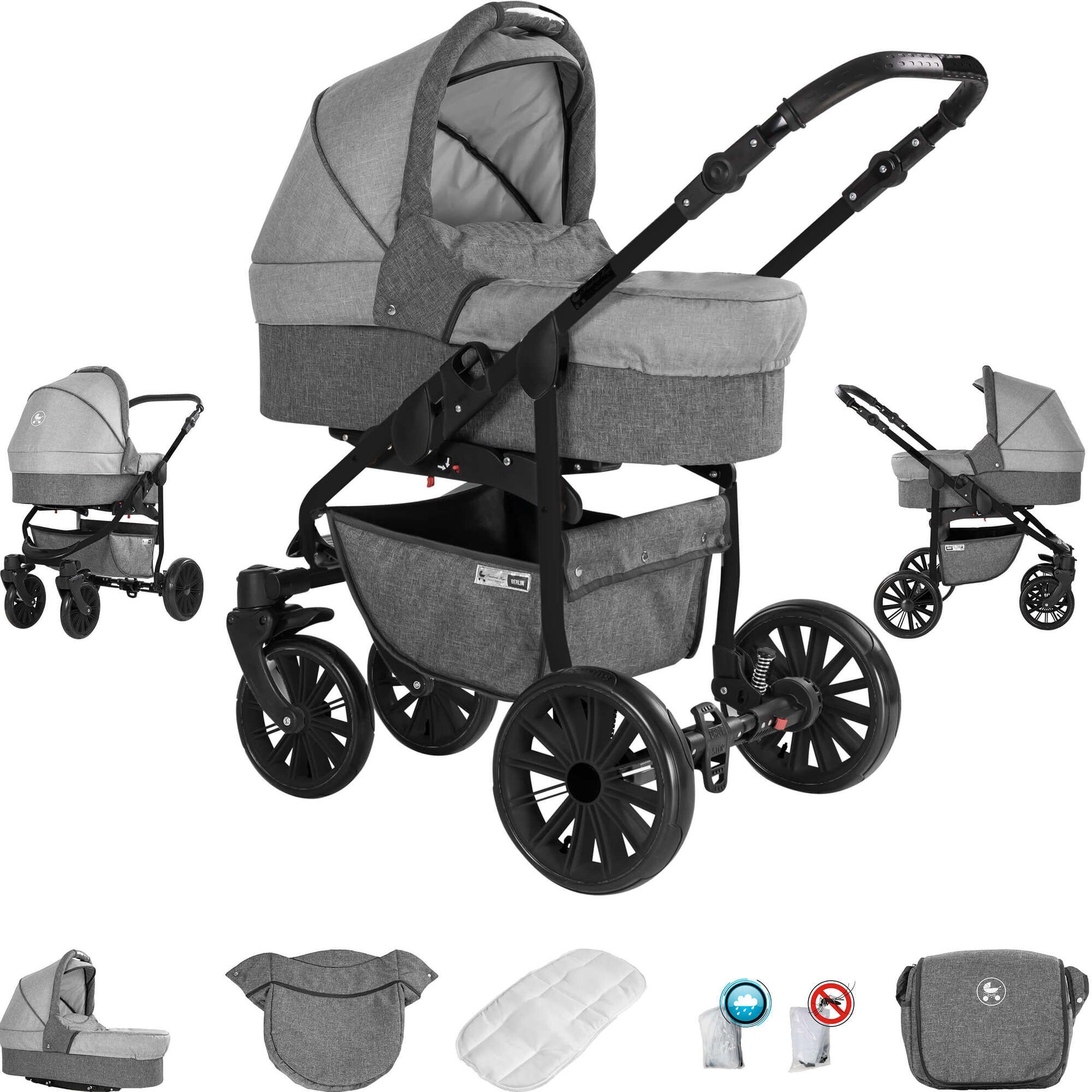 Friedrich Hugo Berlin 3 in 1 Kinderwagen mit Original Maxi Cosi, Gel Grey and Light Grey Night