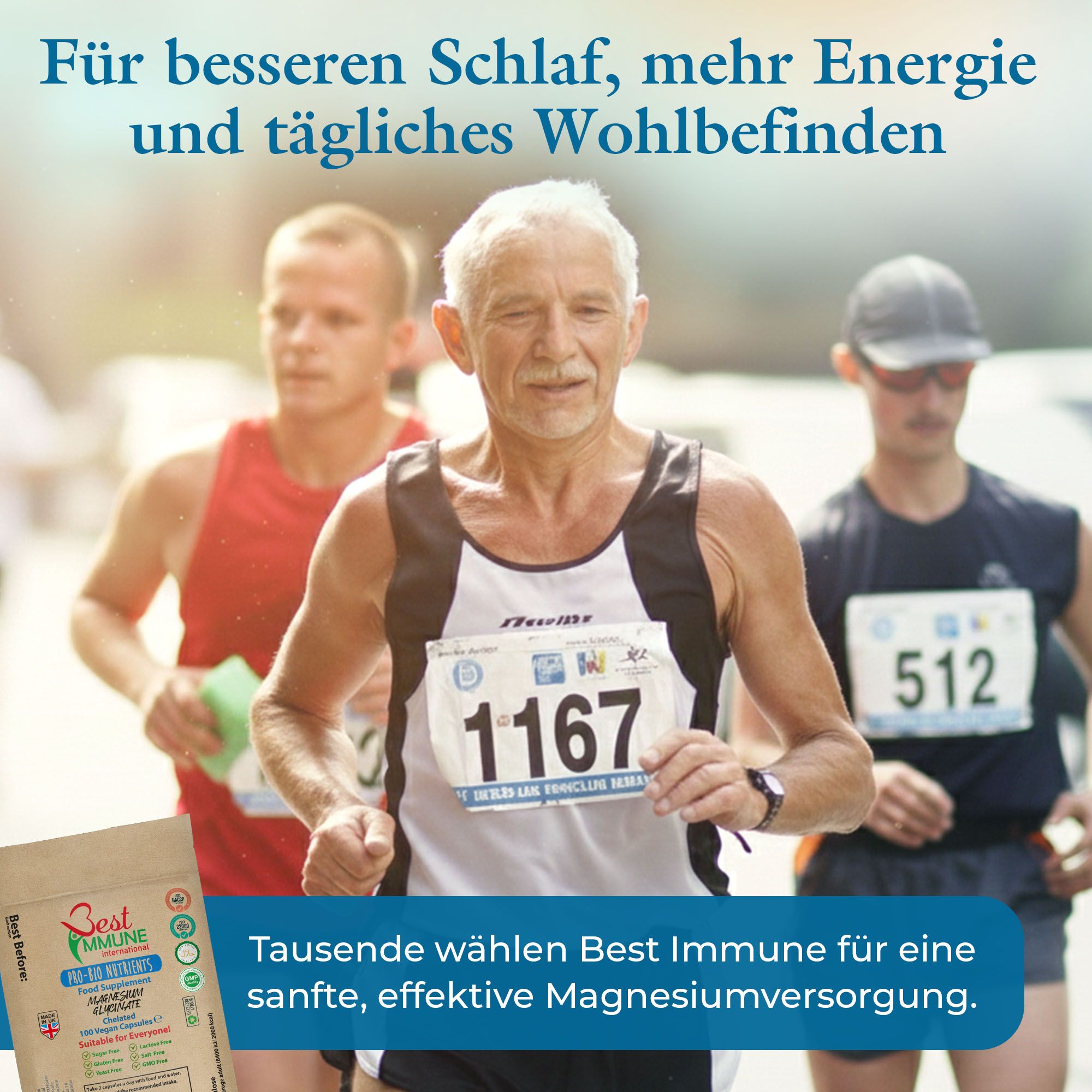 Läufer im Wettkampf. Slogan: 'Für besseren Schlaf, mehr Energie und tägliches Wohlbefinden'.