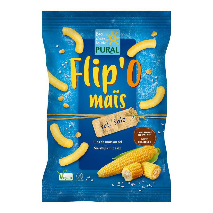 Blaue Tüte mit "Flip'O maïs" Mais-Snacks. Aufschrift "sel/Salz". Vegan-Siegel. Maiskolben-Illustration.