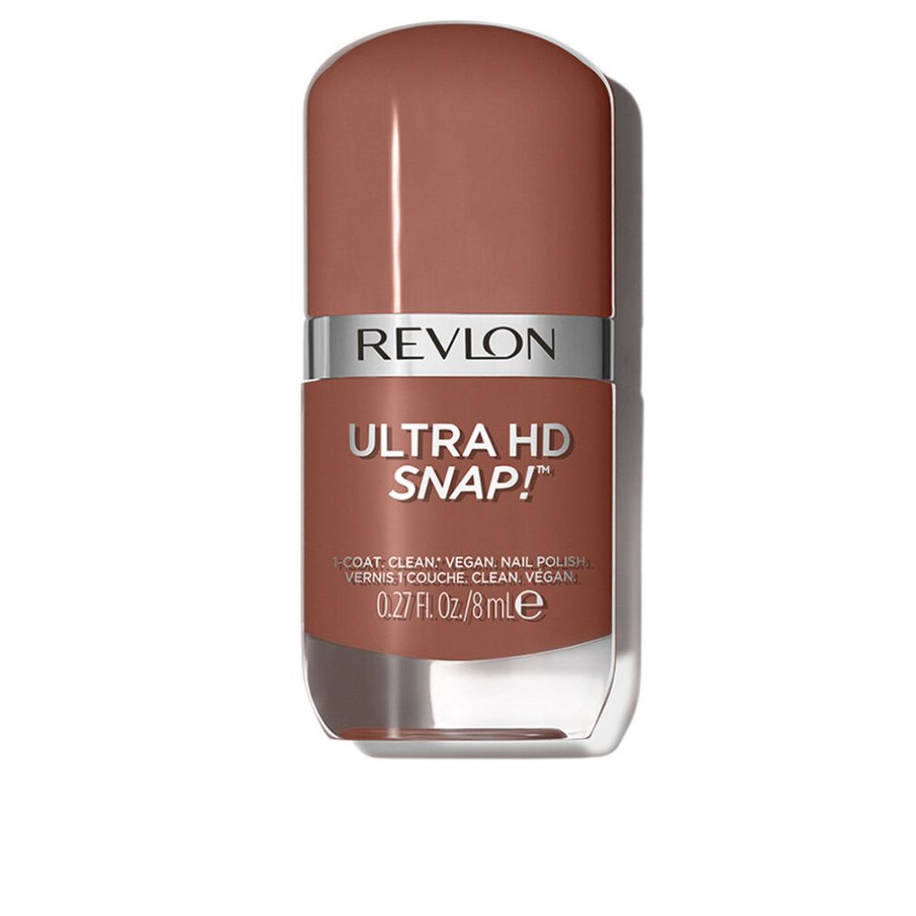 Nagellackflasche, braun-beige. "Revlon Ultra HD Snap!"-Logo. "0.27 fl. oz./8 ml"-Angabe.