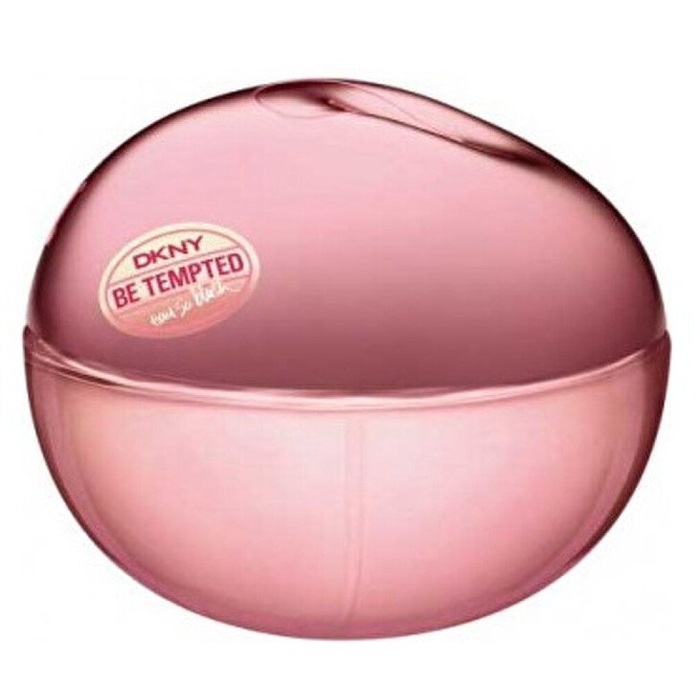 Runder Flakon mit rosa Deckel und DKNY-Logo.