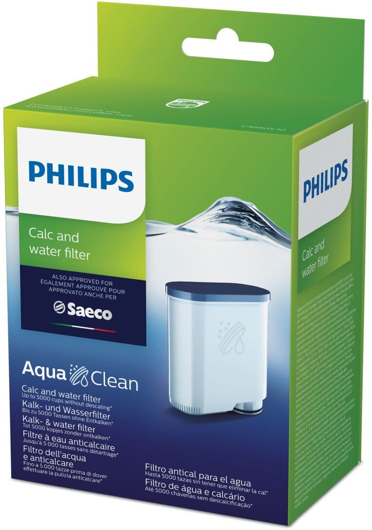 Verpackung mit Philips-Logo und Produktbezeichnung. Wasserfilter mit blauem Deckel und weißem Gehäuse.