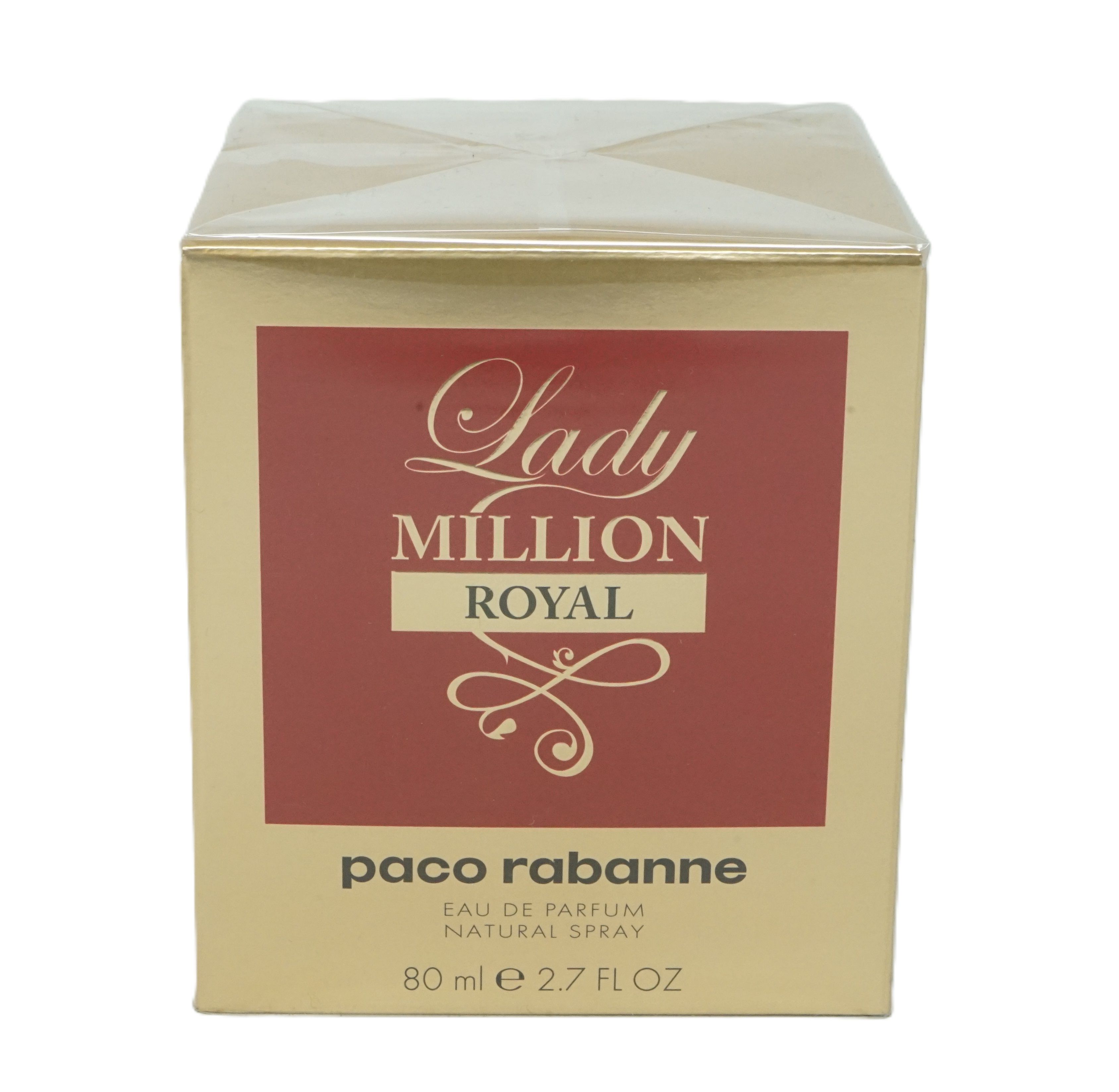 Goldfarbener Karton mit rotem Etikett. Aufschrift: Lady Million Royal, Paco Rabanne, Eau de Parfum, 80 ml.