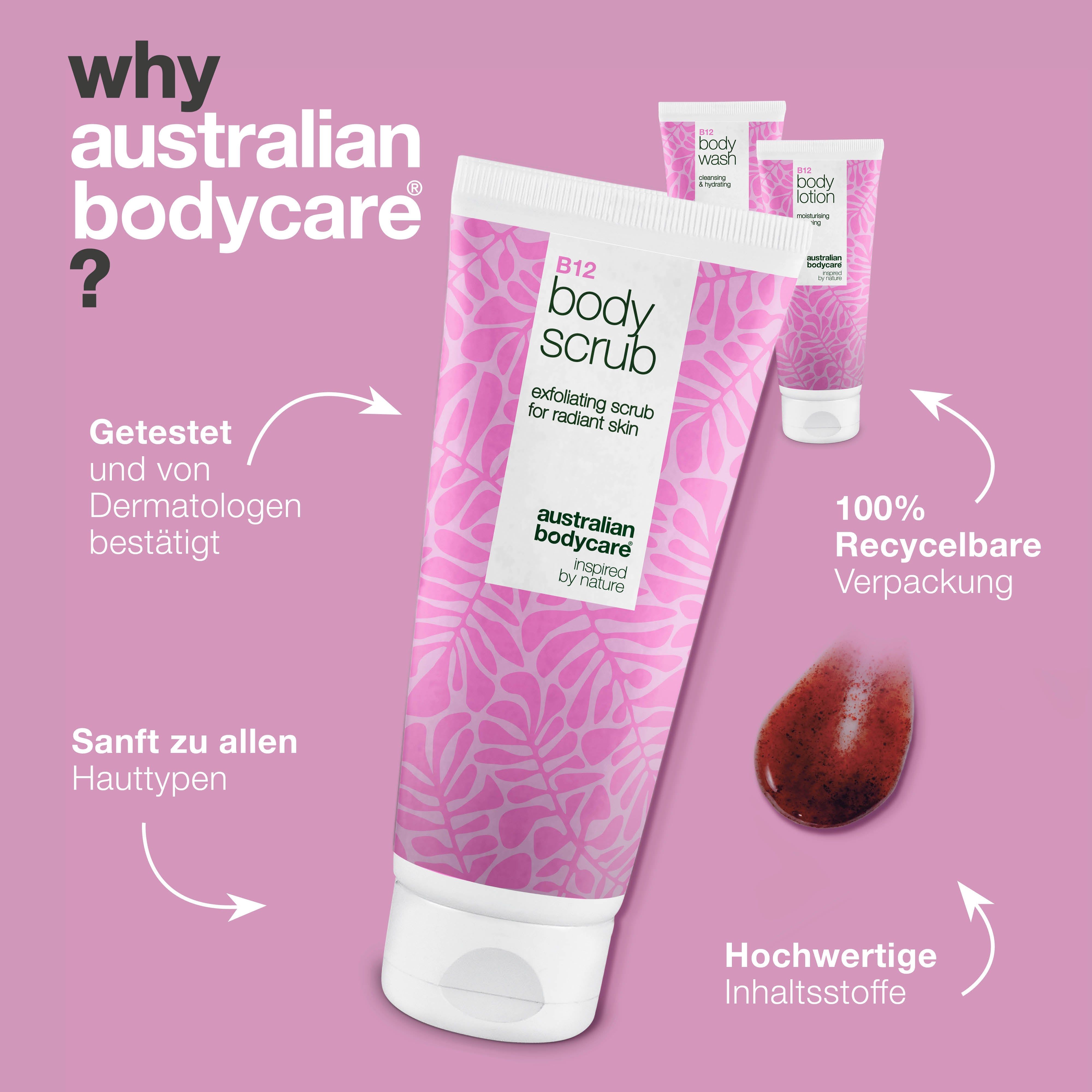 B12 Body Scrub Tube. Rosa Design, weißer Deckel. Text: Australian Bodycare. Pfeile zeigen: 100% recycelbare Verpackung.
