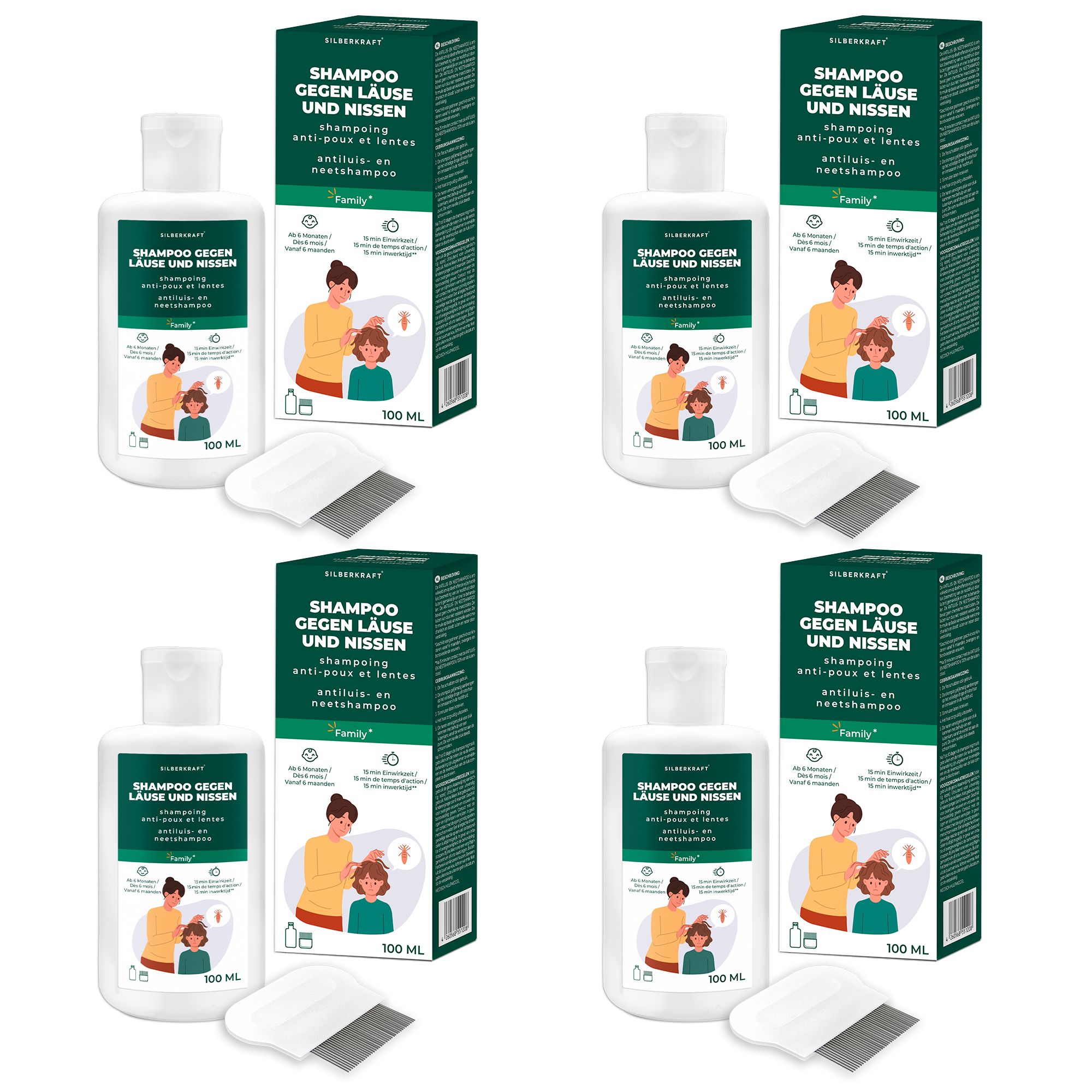 Vier Packungen SILBERKRAFT Läuseshampoo mit Kamm. Flaschen und Kartons mit Produktinformationen. Aufdruck: Shampoo gegen Läuse und Nissen.
