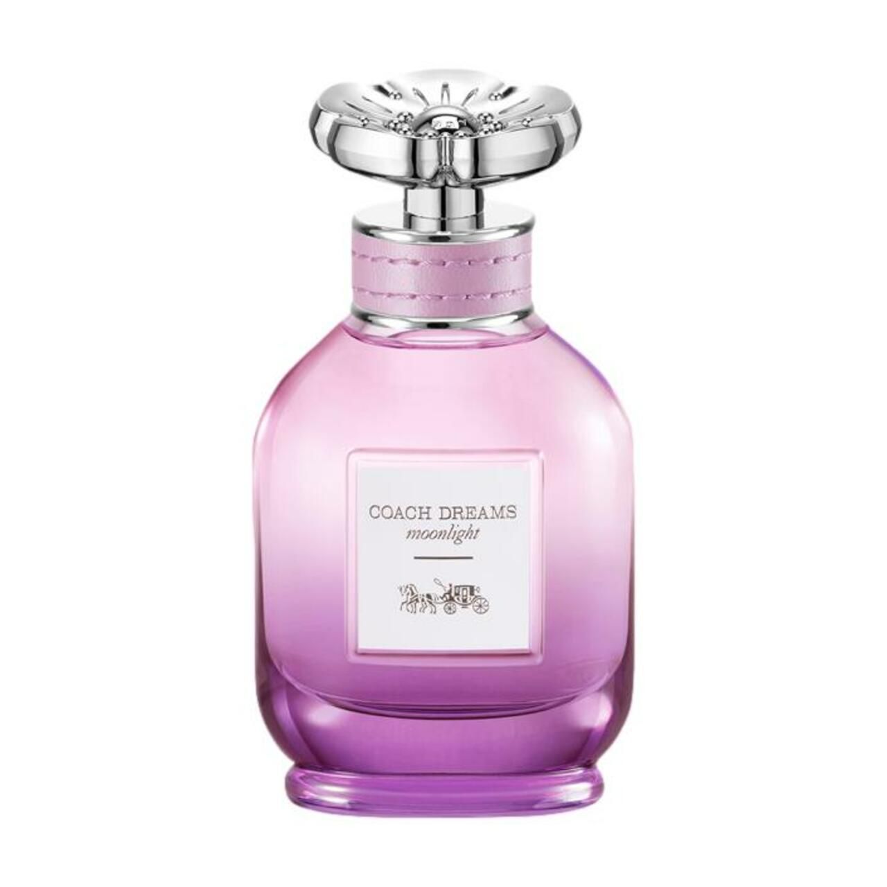 Coach Dreams Moonlight Flakon. Flakon mit silbernem Verschluss, rosa-lila Farbverlauf. Aufschrift auf dem Etikett.
