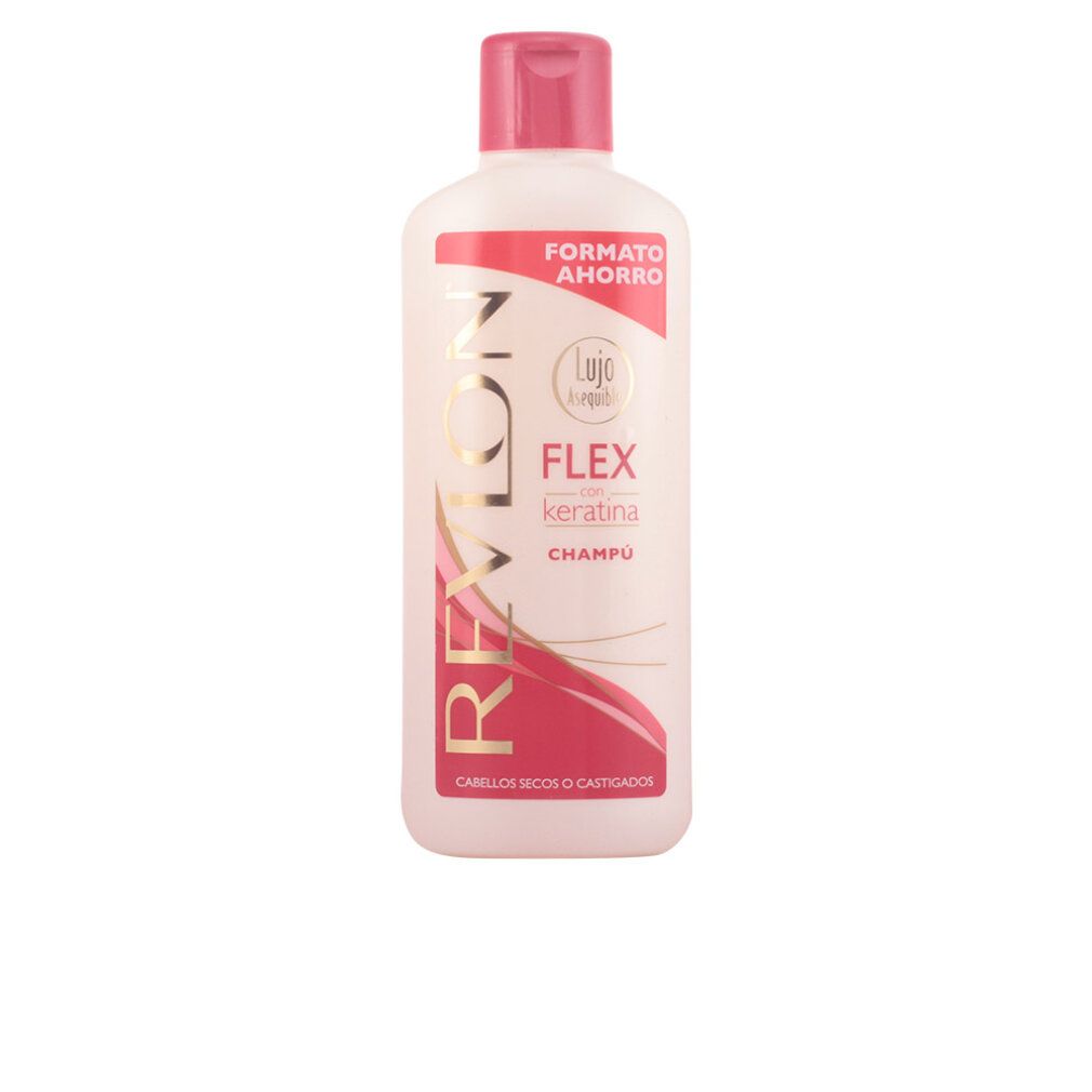 Revlon Flex Keratin Shampoo Flasche mit rosa Verschluss und Etikett.