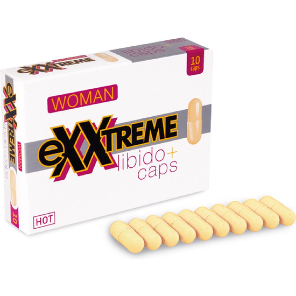 Weiße Schachtel mit eXXtreme, WOMAN, Libido+ caps und 10 Kapseln. Daneben liegen 10 gelbe Kapseln.