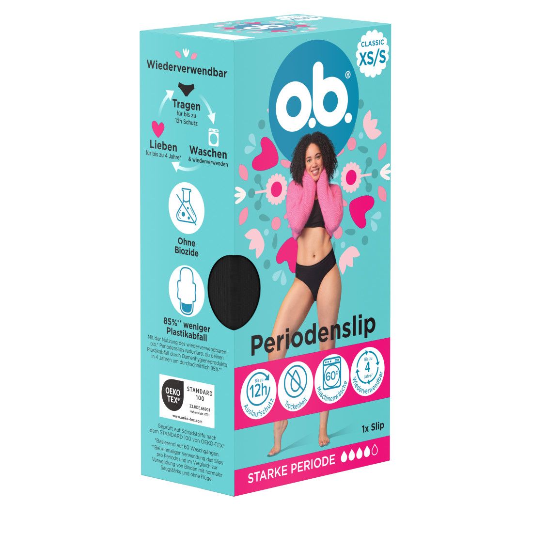 o.b.® Periodenslip-Verpackung. Türkis, Frau mit pinkem Oberteil und schwarzem Slip. XS/S. Rückseite mit Infos.