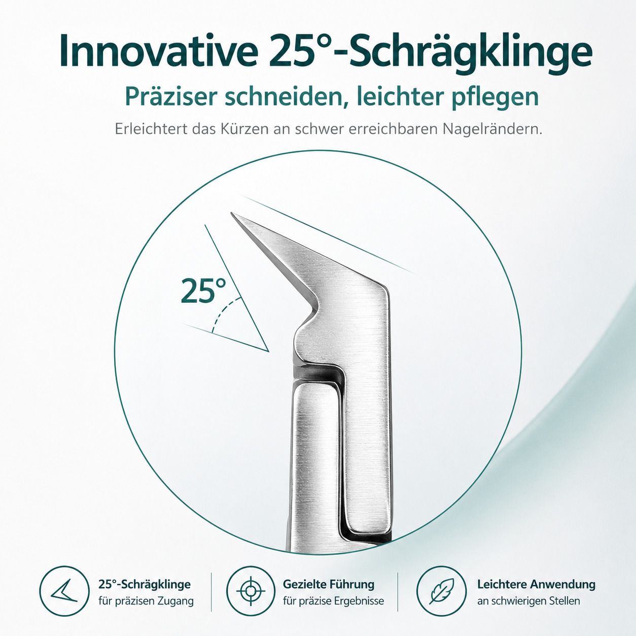 Innovative 25° Schrägklinge für präzisen Zugang und leichte Anwendung an schwer erreichbaren Stellen.