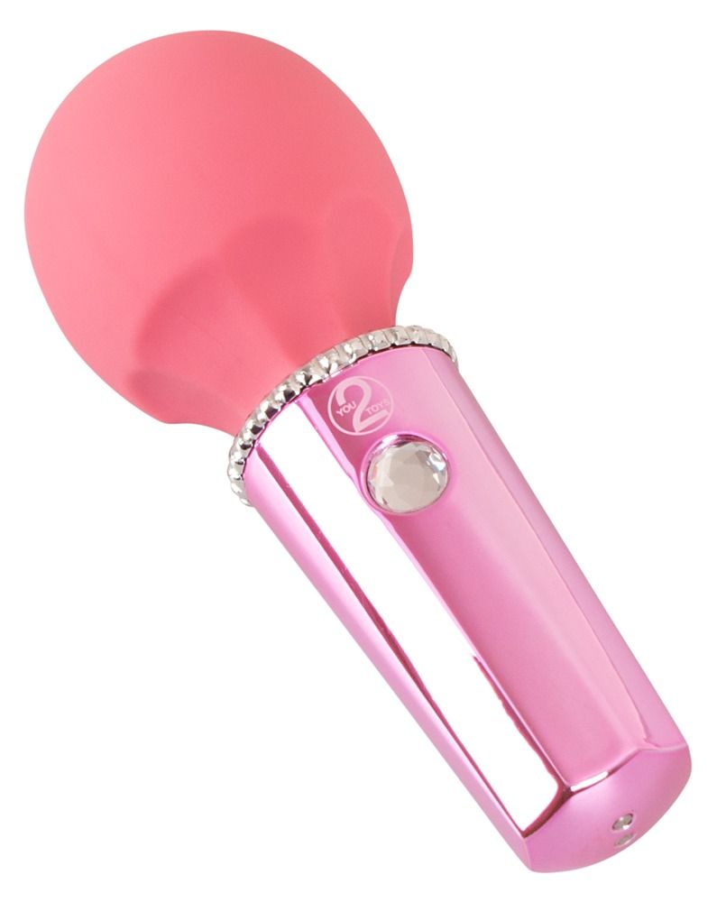 Rosa Mini-Wand mit kugelförmigem Kopf und zylindrischem Griff. Der Griff hat einen Knopf und ist mit einem silbernen Band verziert.