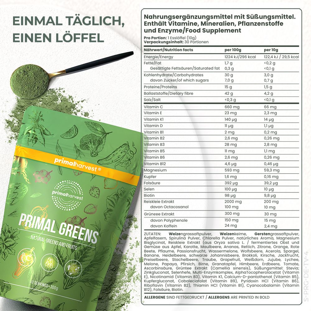 Nährwerttabelle von Primal Greens. Enthält Enzyme, Vitamine, Mineralien, Pflanzenstoffe. 30 Portionen.