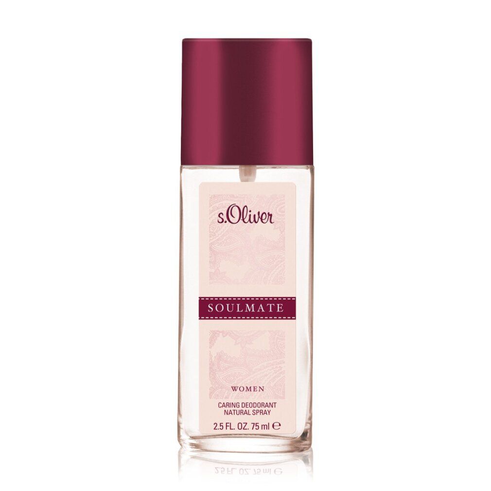 Deo-Sprayflasche mit bordeauxfarbenem Deckel. Aufschrift: s.Oliver, Soulmate, Women, Caring Deodorant Natural Spray.