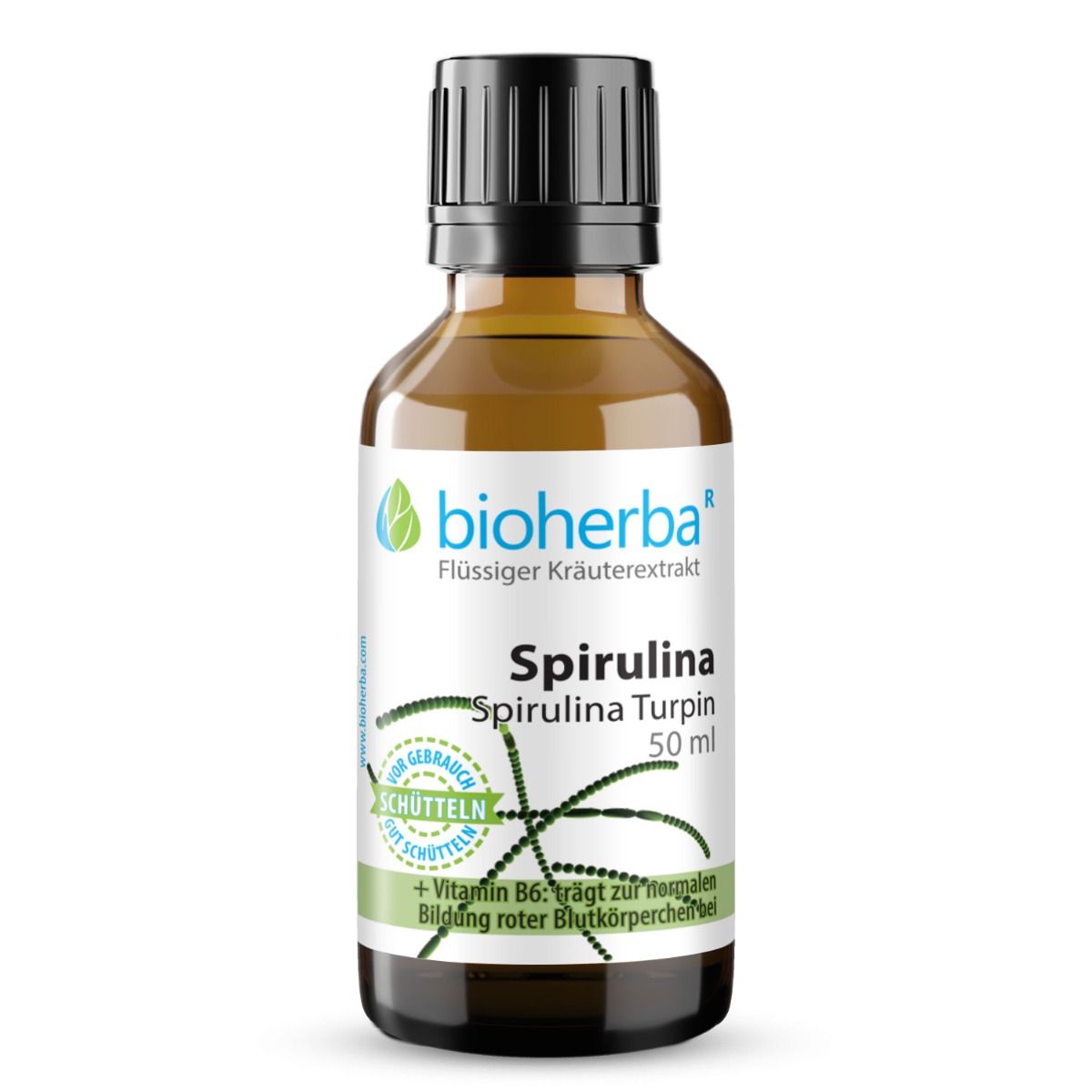 Braune Glasflasche mit schwarzem Deckel. Etikett mit Bioherba-Logo. Spirulina Turpin Tinktur Extrakt. Vitamin B6 für rote Blutkörperchen.