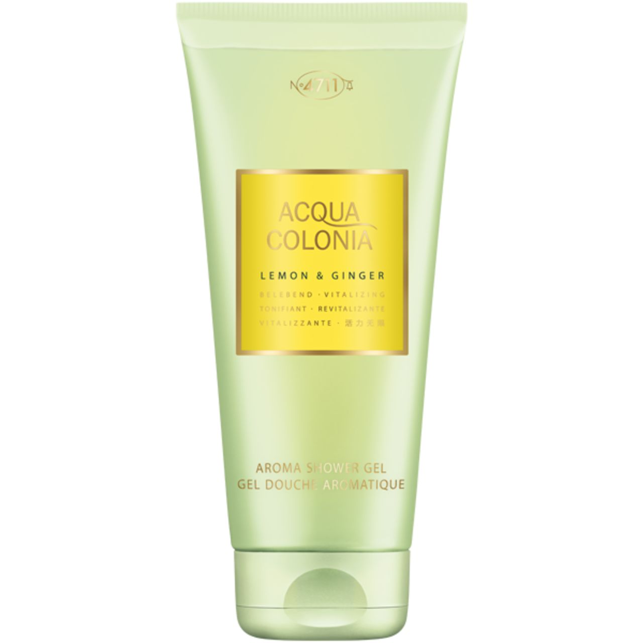 Hellgrüne Tube mit gelbem Etikett. Text: Acqua Colonia, Lemon & Ginger, Aroma Shower Gel. Grüner Verschluss.