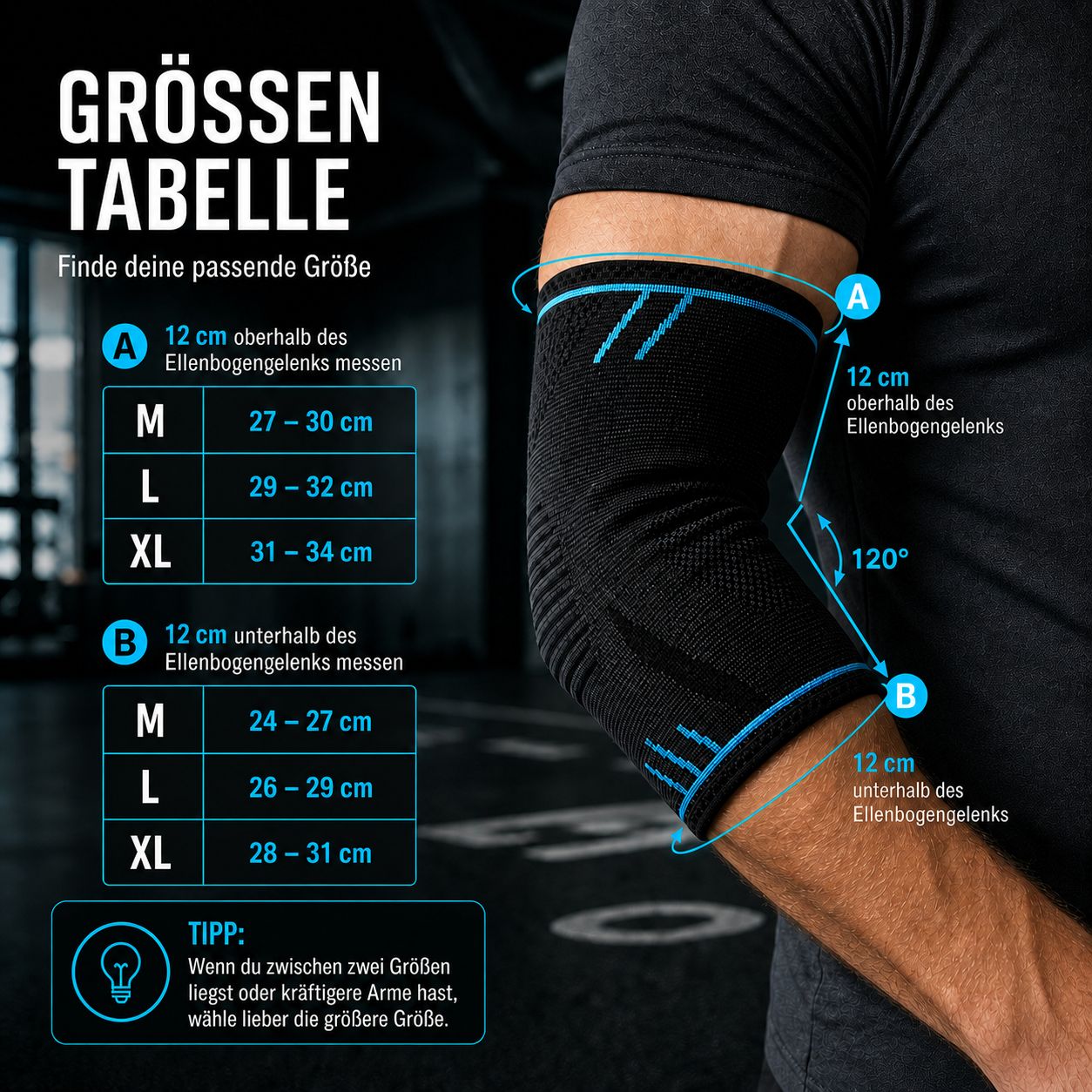 Größentabelle für Ellenbogenbandage. Maße in cm. Größen: M, L, XL. Messanleitung. Produkt nicht abgebildet.