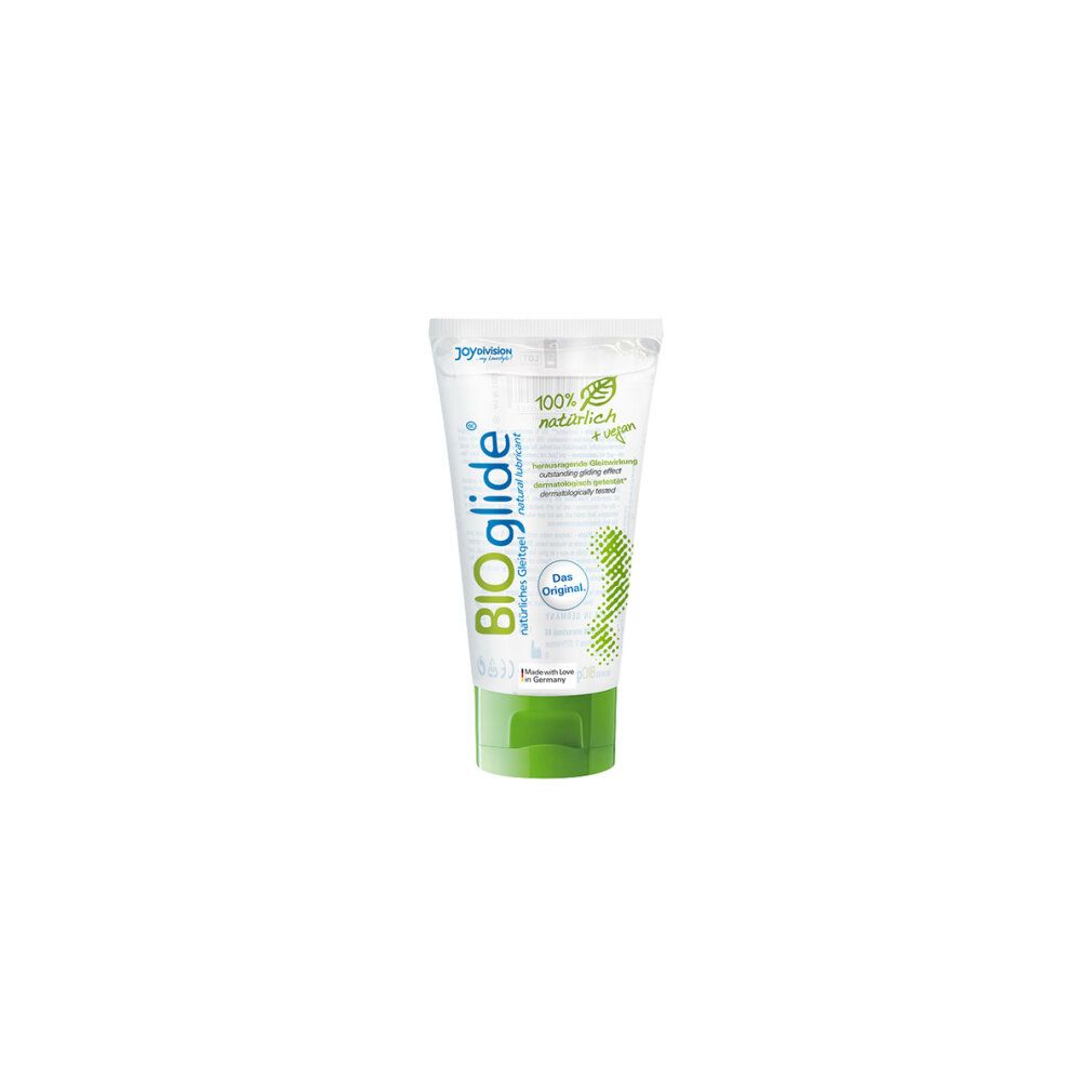 BIOglide Gel-Tube. Aufschrift: 100% natürlich + vegan, dermatologisch getestet.