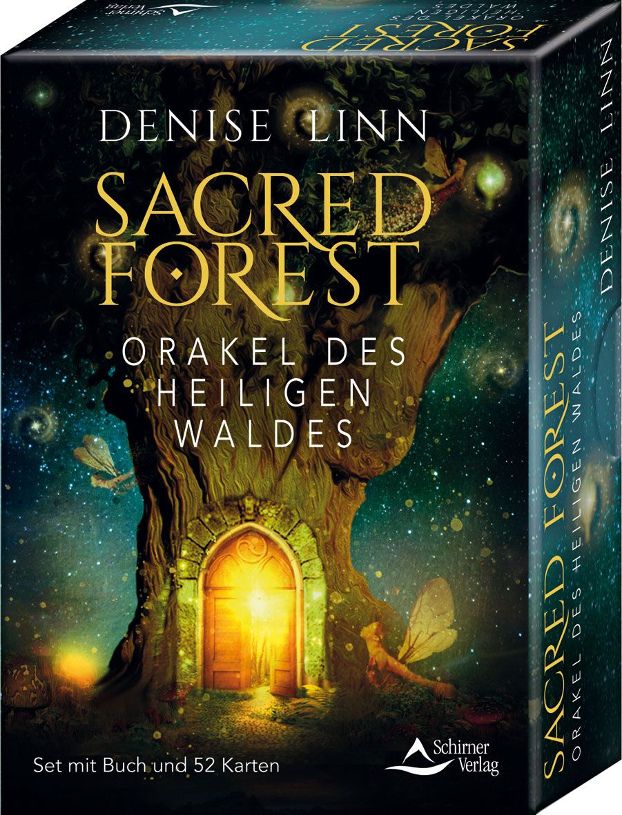 Orakel-Set "Sacred Forest" mit Buch und 52 Karten. Titel und Autor auf der Verpackung. Schimmer Verlag Logo.