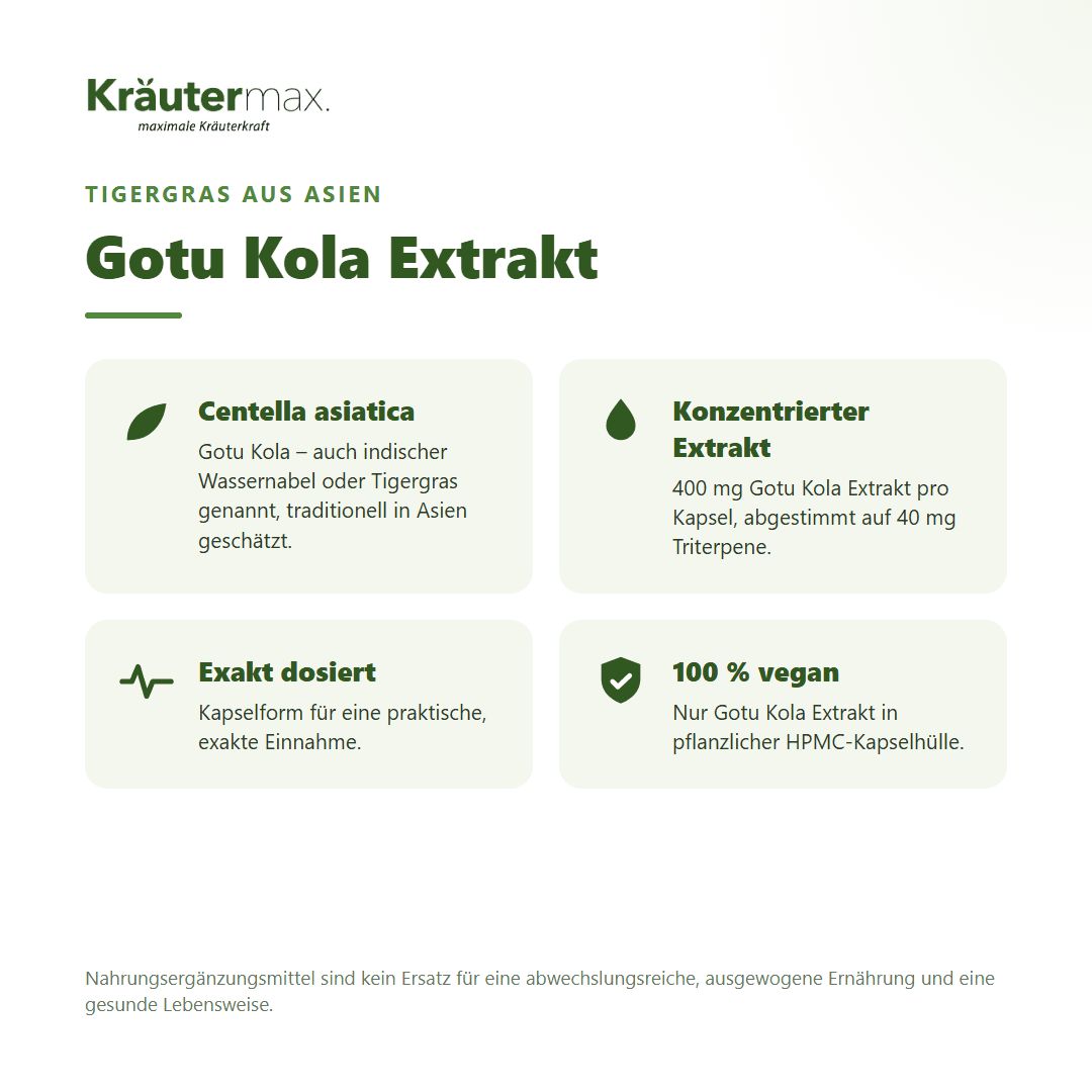 Gotu Kola Extrakt von Kräutermax: Konzentrierter Extrakt, 400 mg pro Kapsel, 40 mg Triterpene. 100% vegan.