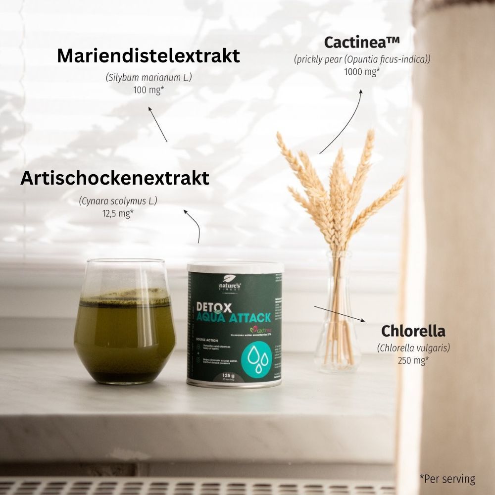Produkt Dose Detox Aqua Attack, neben Glas mit grünem Getränk. Zutaten: Artischockenextrakt, Mariendistel, Chlorella, Cactinea.