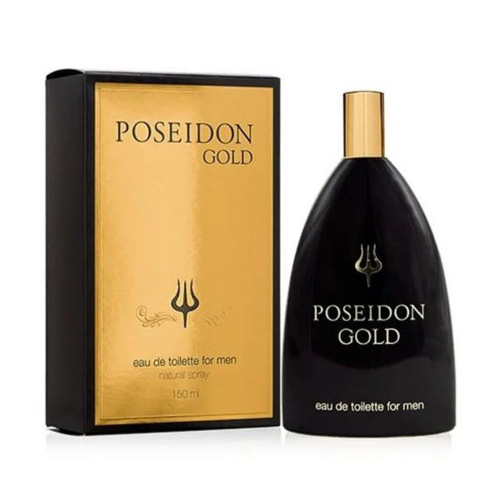 Poseidon Gold Eau de Toilette Spray für Männer, 150 ml. Schwarze Flasche mit goldenem Etikett und Kappe.