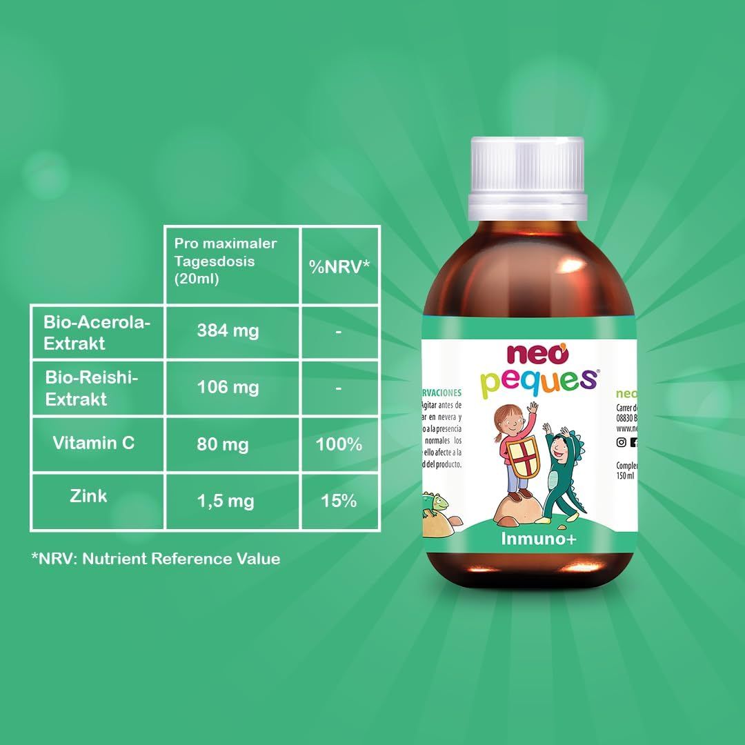Neo Peques Inmuno+ Sirup-Flasche. Nährwerttabelle: Bio-Acerola-Extrakt, Bio-Reishi-Extrakt, Vitamin C, Zink. %NRV-Werte.