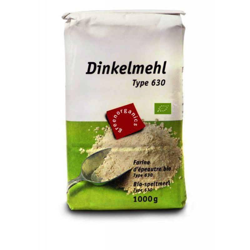 Verpackung mit Dinkelmehl Type 630. Grün-weiße Verpackung mit Text und Logo. Enthält 1000g.