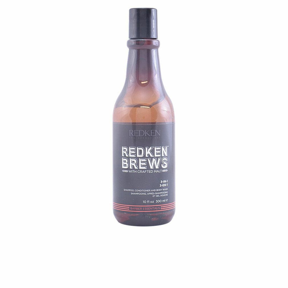 Braune Flasche mit schwarzem Deckel. Aufschrift: Redken Brews 3-in-1 Shampoo, Conditioner, Body Wash.