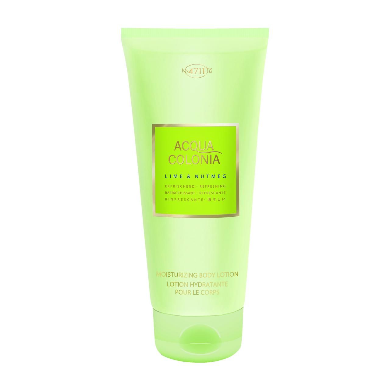 Hellgrüne Tube mit Produktinformationen. Aufschrift: Acqua Colonia Lime & Nutmeg, Feuchtigkeitsspendende Body Lotion.