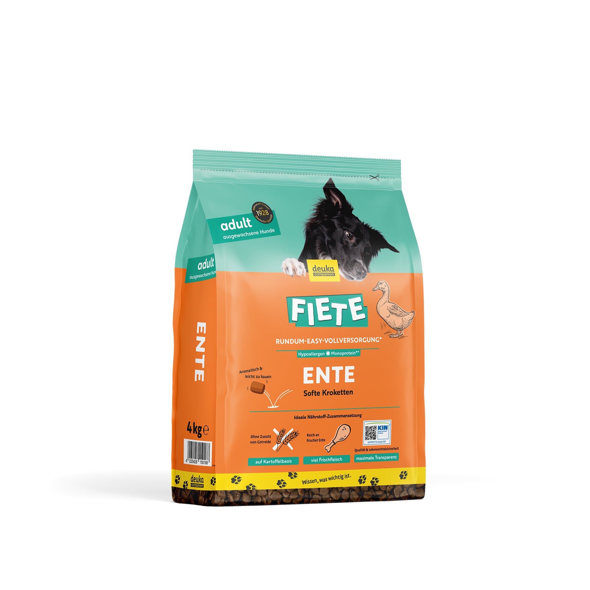 FIETE Adult Soft Ente Trockenfutter. Grün-orange Verpackung mit Hund und Ente. 4kg. Text: Ente, Softes Trockenfutter für Hunde.