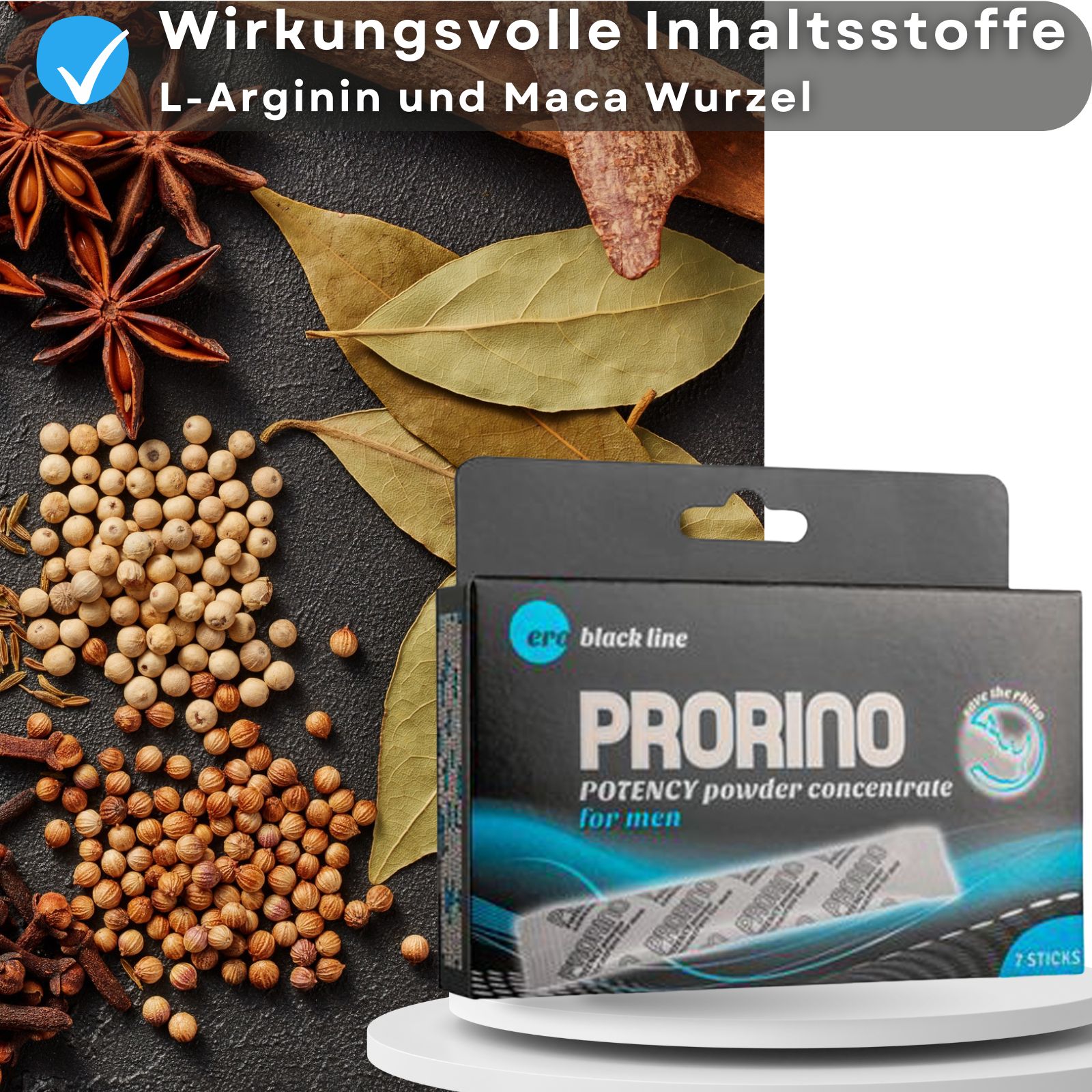 Produktverpackung PRORINO. Text: Wirkungsvolle Inhaltsstoffe L-Arginin und Maca Wurzel. Gewürze und Kräuter.
