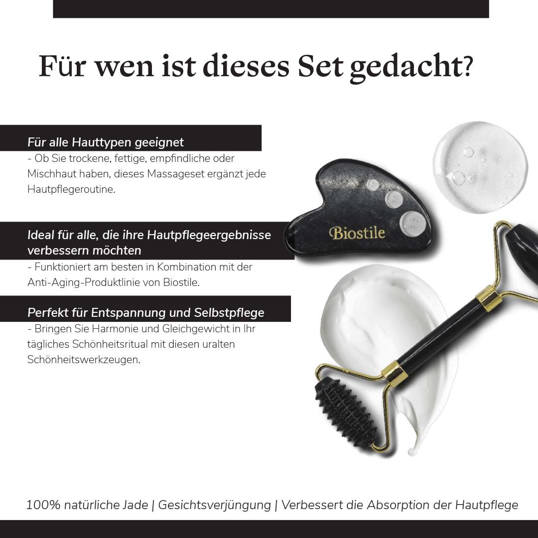 Infografik: Für wen ist dieses Set gedacht? Jade-Roller, Gua Sha-Stein und Produkte auf weißem Hintergrund.