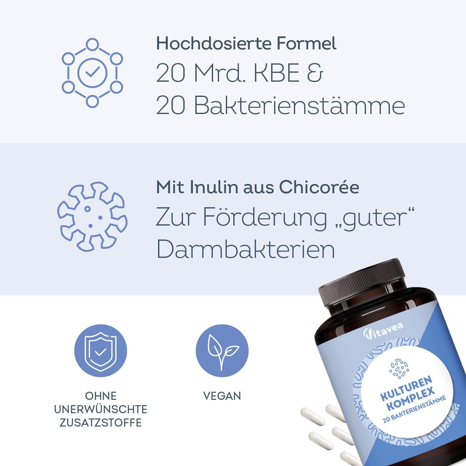 Produktflasche und Kapseln. Text: "Hochdosierte Formel", "Mit Inulin aus Chicorée", "Ohne unerwünschte Zusatzstoffe", "Vegan".