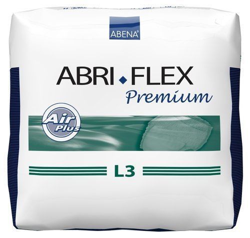 Verpackung Abena Abri-Flex Premium L3. Weißer Beutel mit blauen Akzenten. Aufschrift: ABRI-FLEX Premium, L3, Air Plus.