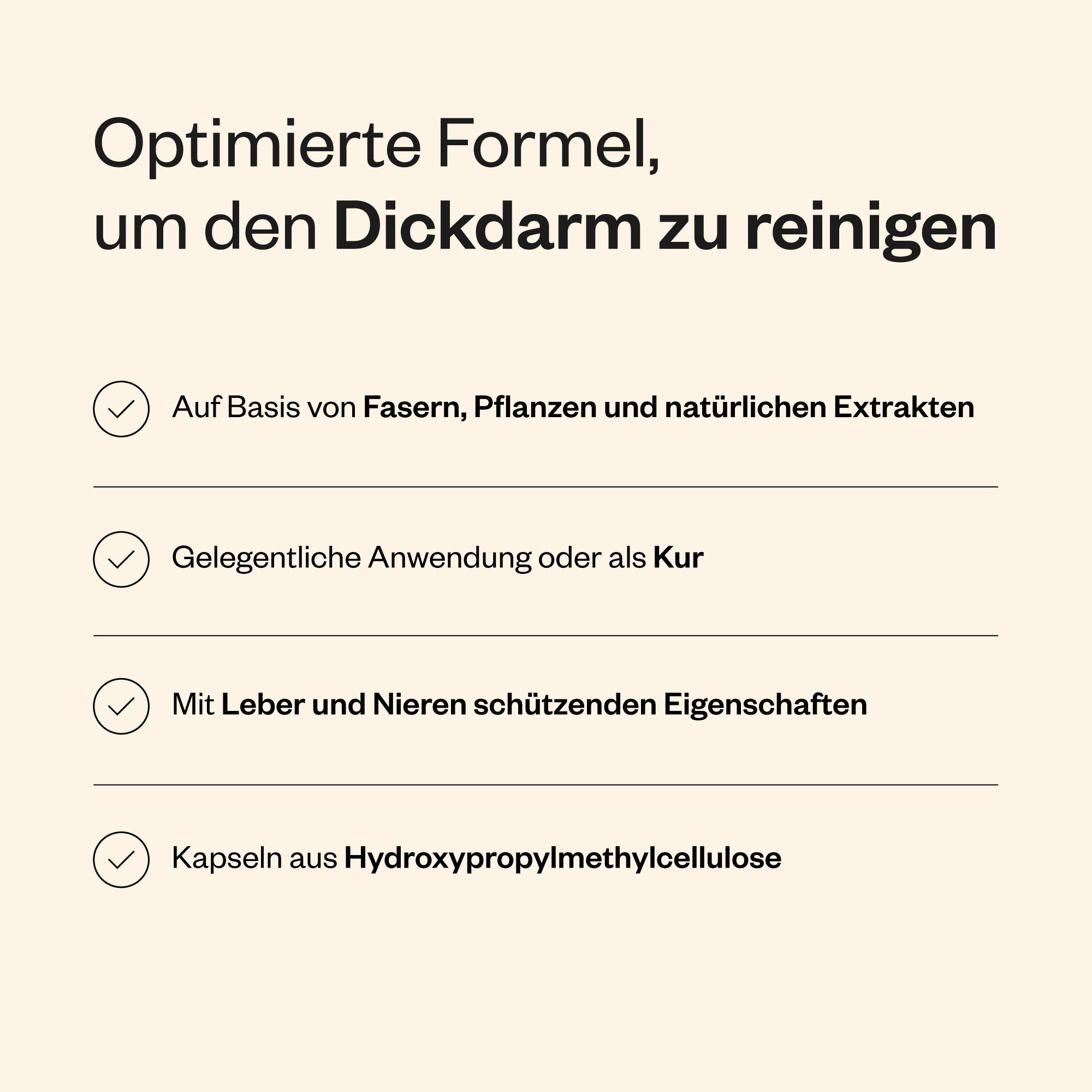Infografik mit Text und Symbolen. Themen: Fasern, Pflanzen, Extrakte, gelegentliche Anwendung, Leber- und Nierenschutz, Kapseln.