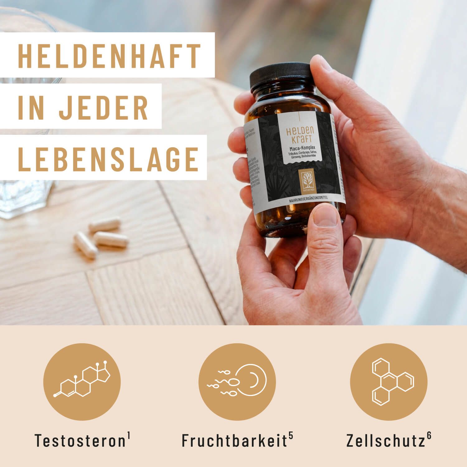 Person hält braune Flasche mit Kapseln. Aufschrift: Heldenkraft Maca-Komplex. 3 Kapseln daneben. NATURTREU®.