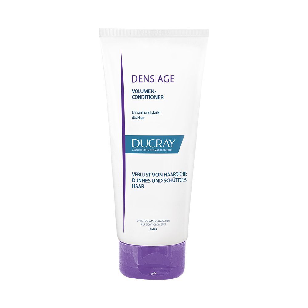 Weiße Tube mit lila Verschluss. Aufschrift: DUCRAY DENSIAGE Volumen-Conditioner. Text: Verlust von Haardichte, dünnes und schütteres Haar.
