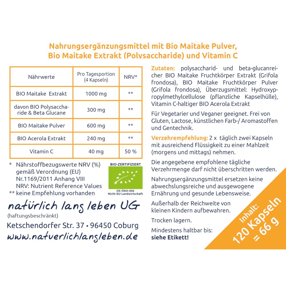 Nahrungsergänzungsmittel-Etikett. Enthält Informationen zu Inhaltsstoffen, Nährwerten und Verzehrempfehlung. BIO-Zertifizierung.