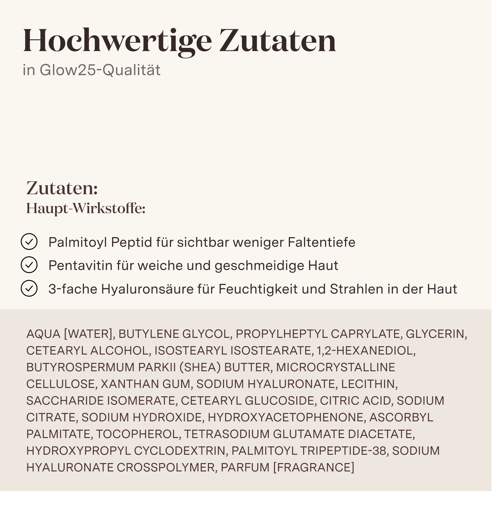 Text: Hochwertige Zutaten. Inhaltsstoffe-Liste.