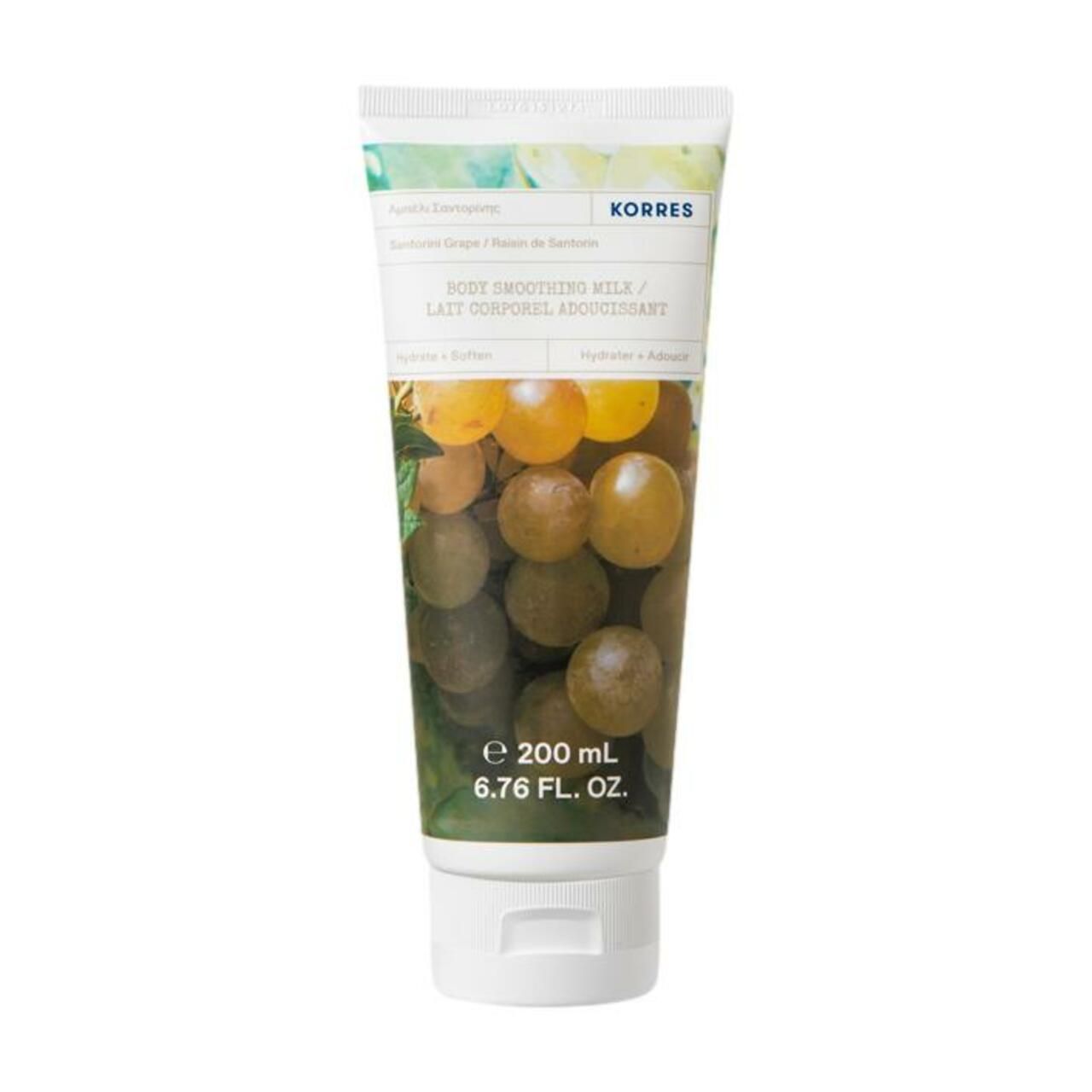 Korres Körpermilch Santorini Traube, 200ml Tube mit Traubenmotiv.