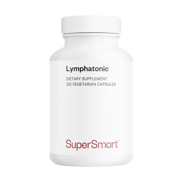 Weiße Flasche mit Lymphatonisch-Etikett. 120 vegetarische Kapseln. SuperSmart-Logo. Weißer Deckel.